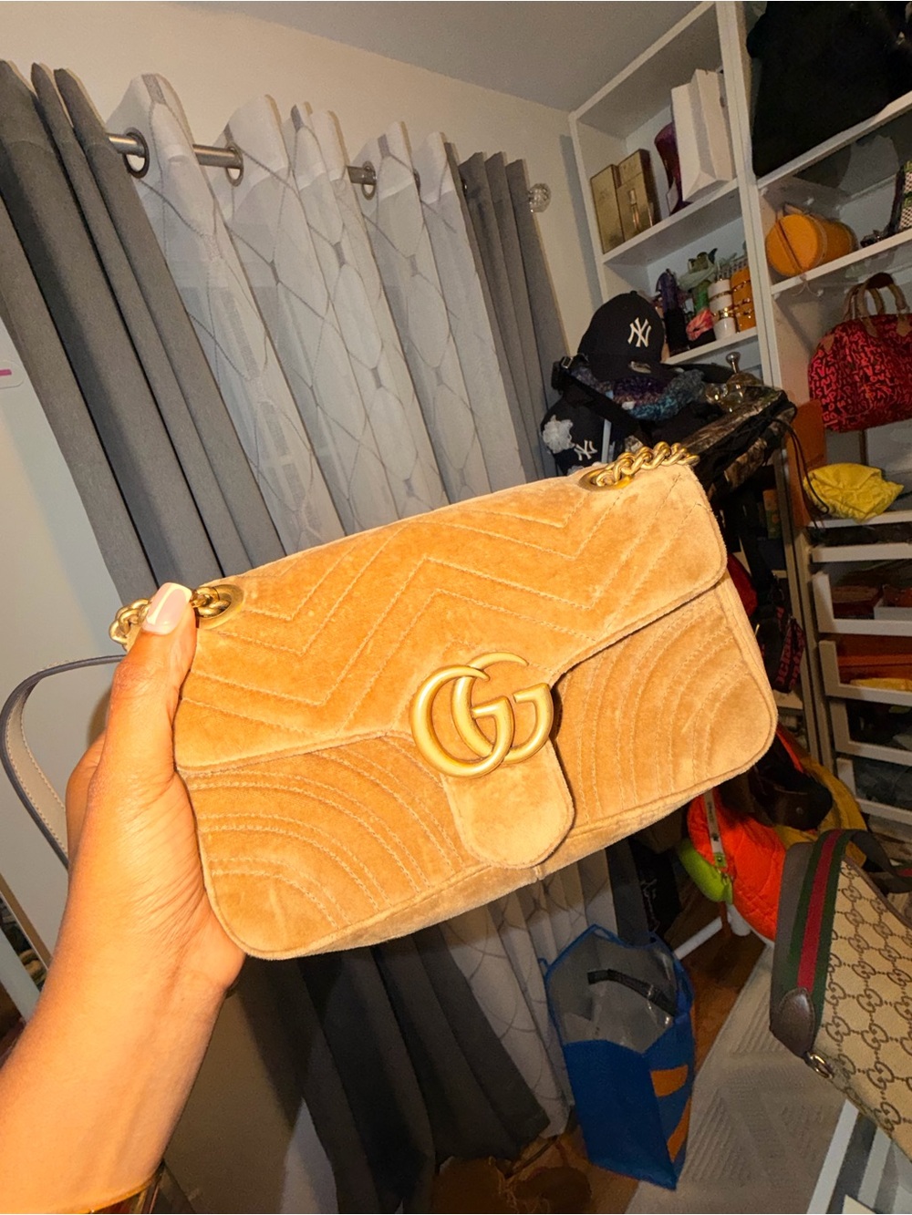 Gucci Tan Velvet GG Marmont Shoulder Bag